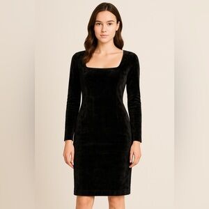 Moschino Jean Black Velvet Bodycon Mini Long Sleeve Dress, Elegant square neck.